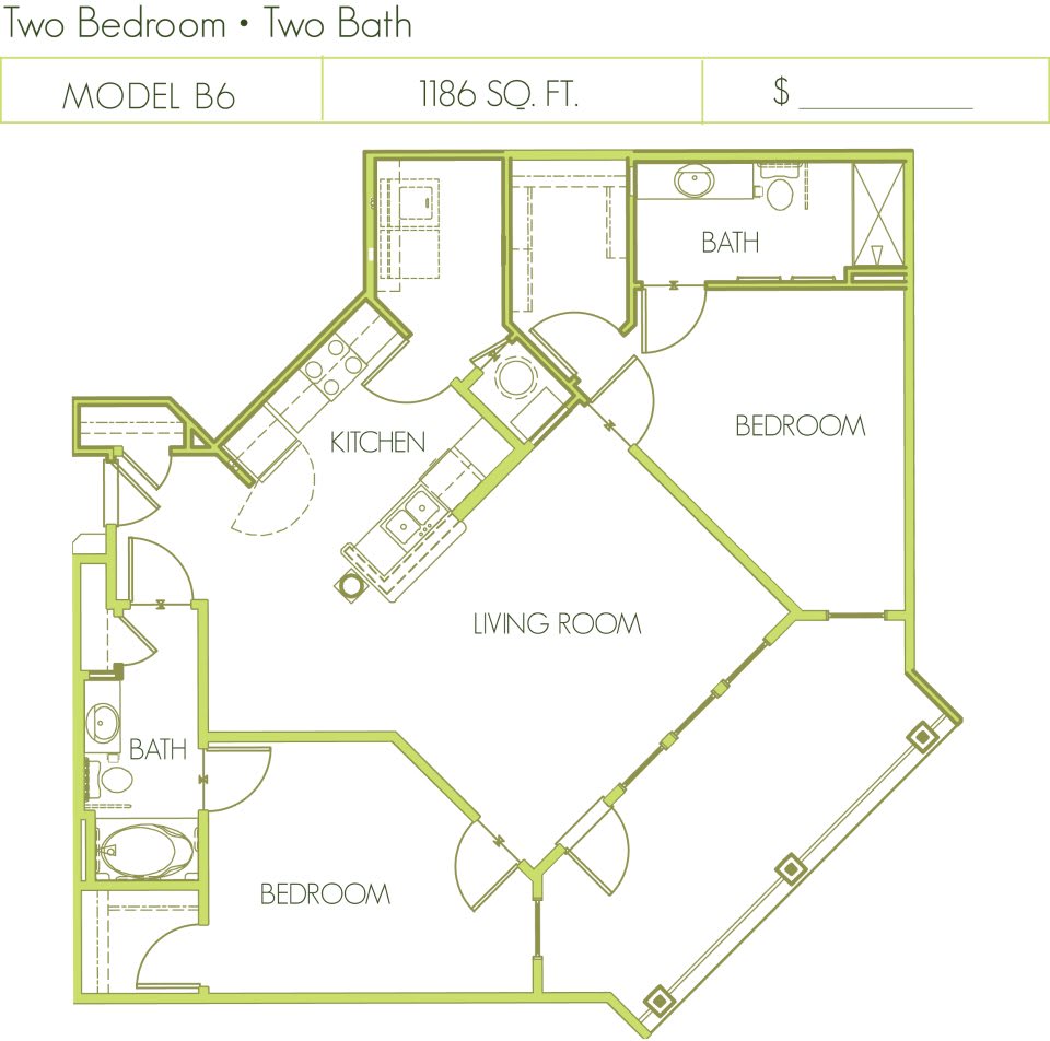 Floor plan of a two-bedroom, two-bathroom apartment layout.