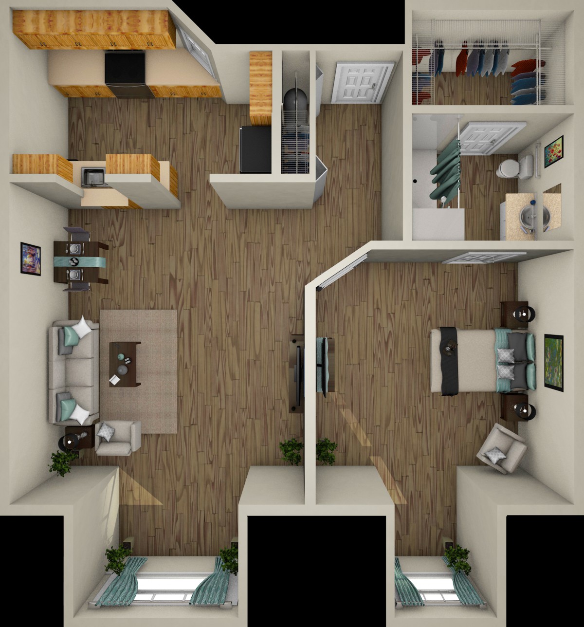 A top-down view of a modern apartment floor plan including a living room, kitchen, bedroom, and bathroom.