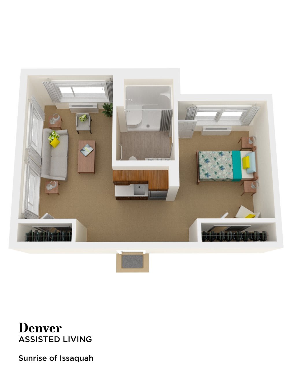 A 3D floor plan of a one-bedroom apartment with a living room, kitchen, and bathroom.