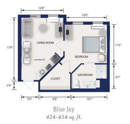 A floor plan of the Blue Jay apartment, measuring between 424 and 434 square feet.