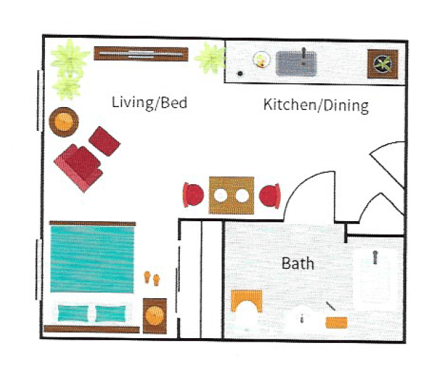 A floor plan of a studio apartment showing a combined living and sleeping area, kitchen/dining space, and a bathroom.