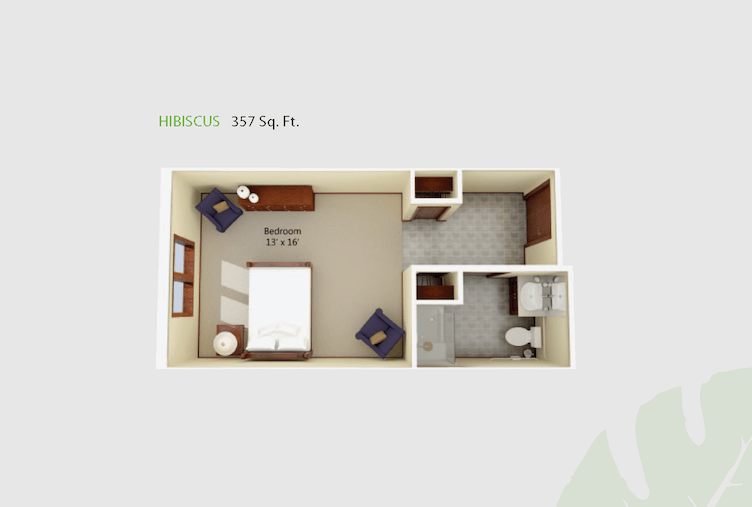 Floor plan of a 350 sq ft studio apartment featuring a bedroom, bathroom, and kitchenette.