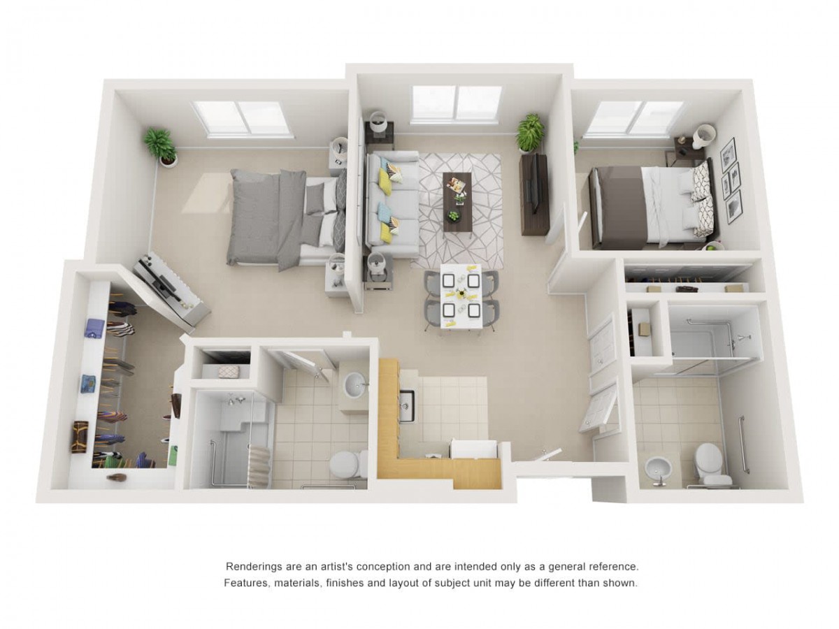 A 3D floor plan of a two-bedroom apartment showcasing the arrangement of rooms and furniture.