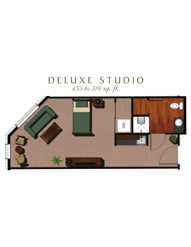 A floor plan of a deluxe studio apartment featuring a living area, bed, kitchenette, and bathroom.