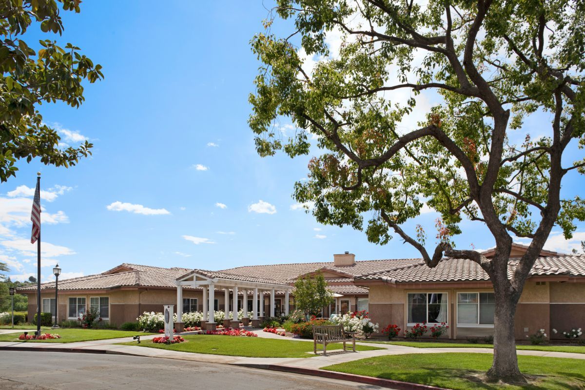 A suburban residential building with landscaped surroundings and a prominent tree in the foreground.