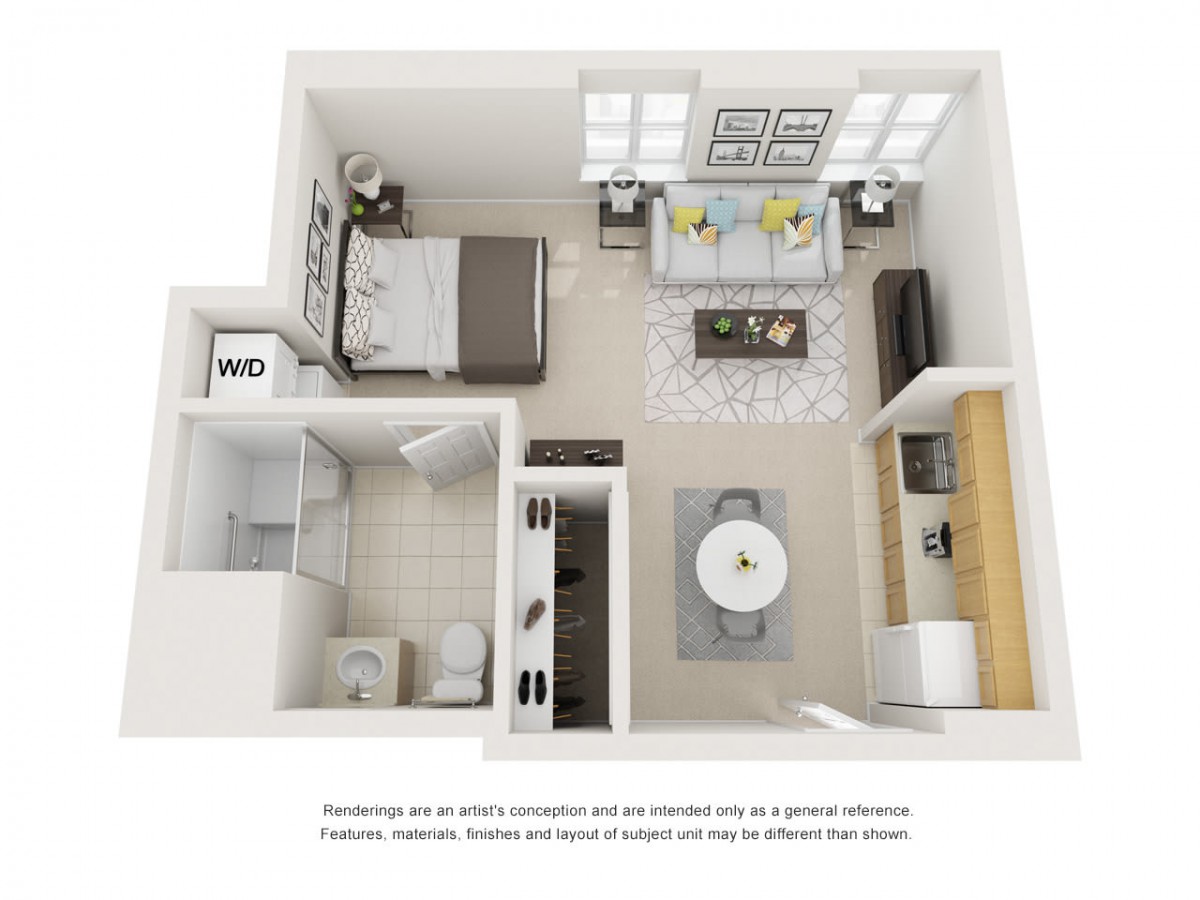 A modern one-bedroom apartment floor plan featuring a cozy living area, kitchen, bathroom, and comfortable bedroom.