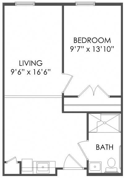 A floor plan showing the layout of a living room and bedroom.
