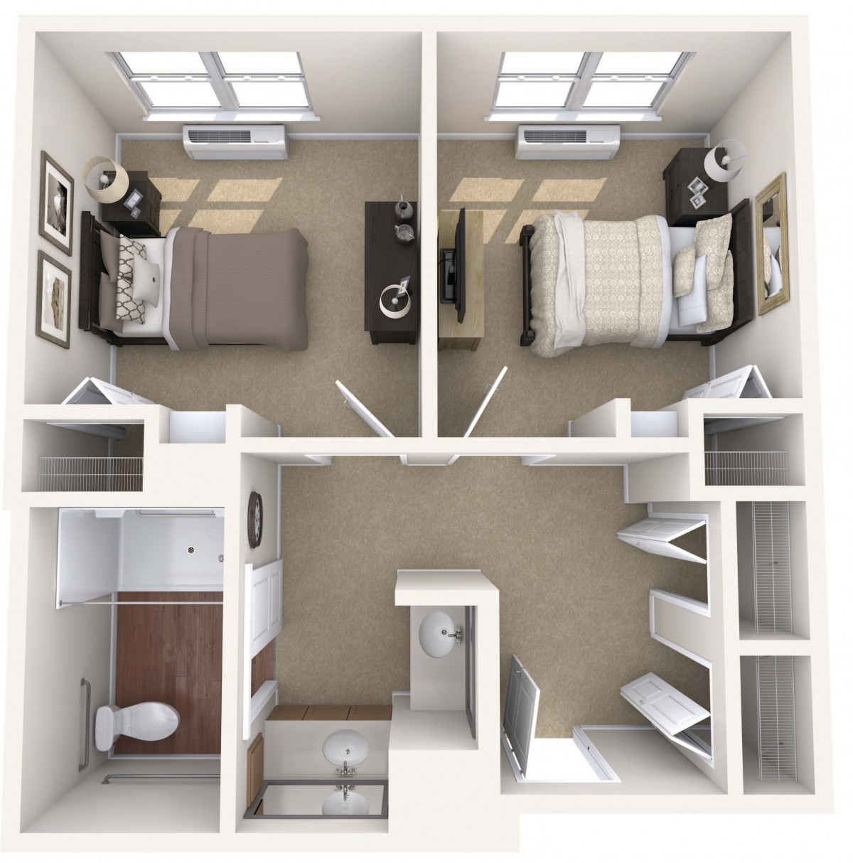 A floor plan of a two-bedroom apartment featuring a shared bathroom and closet space.