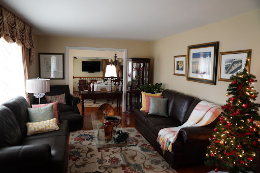A cozy living room with stylish furniture and warm decor.