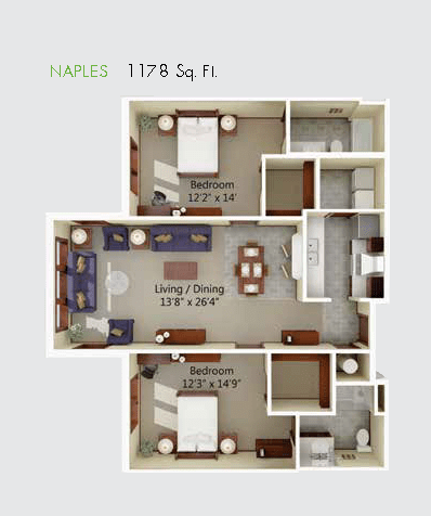 Floor plan of a two-bedroom apartment with a total area of 1178 square feet.