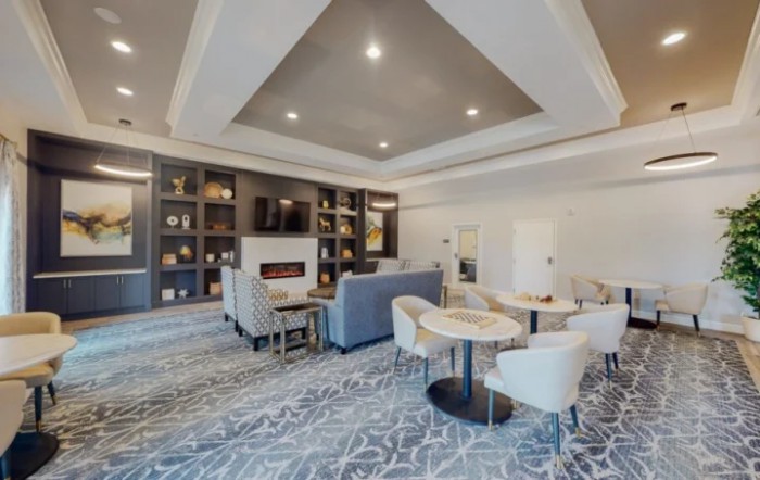 A modern living room featuring comfortable seating, a fireplace, and a built-in bookshelf.