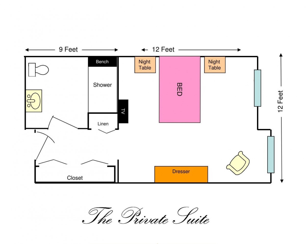 A floor plan of a private suite showing the layout and furniture arrangement.