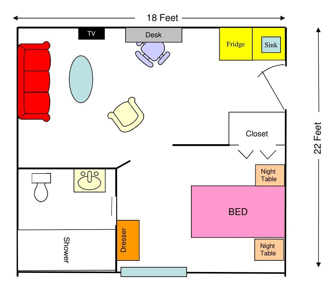A floor plan showing the layout of a bedroom and living area with furniture including a bed, desk, chairs, fridge, sofa, and TV.
