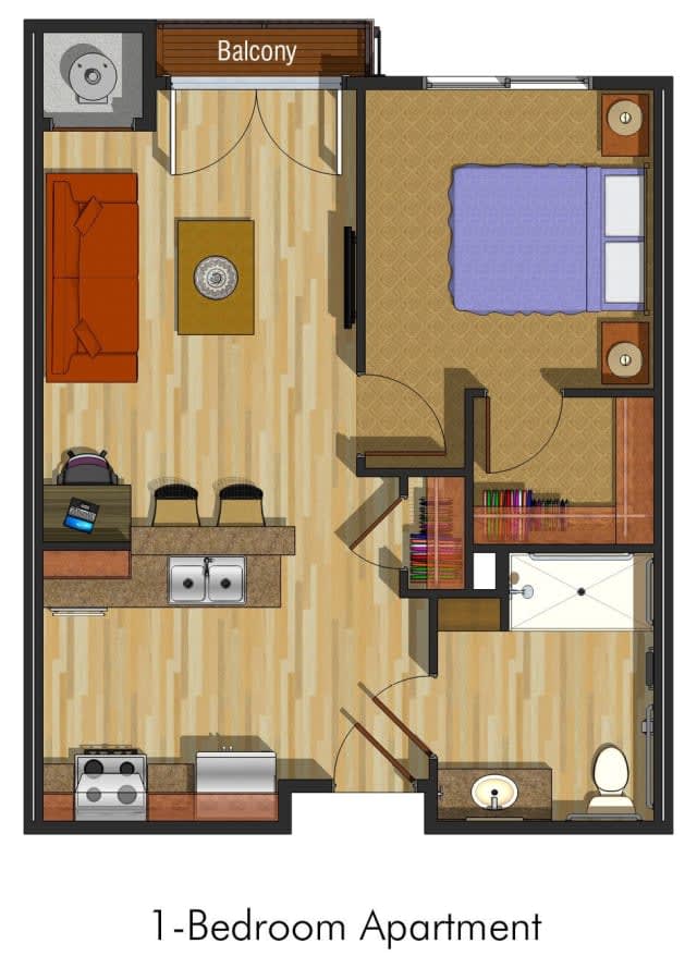 A floor plan of a one-bedroom apartment featuring a living room, kitchen, bedroom, and bathroom.