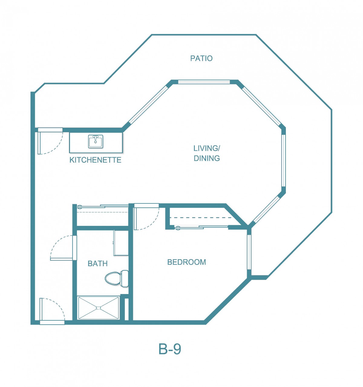 A floor plan of a one-bedroom apartment with designated living room, kitchen, and bathroom areas.