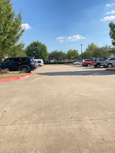 A view of a parking lot filled with various cars, surrounded by trees under a clear blue sky.