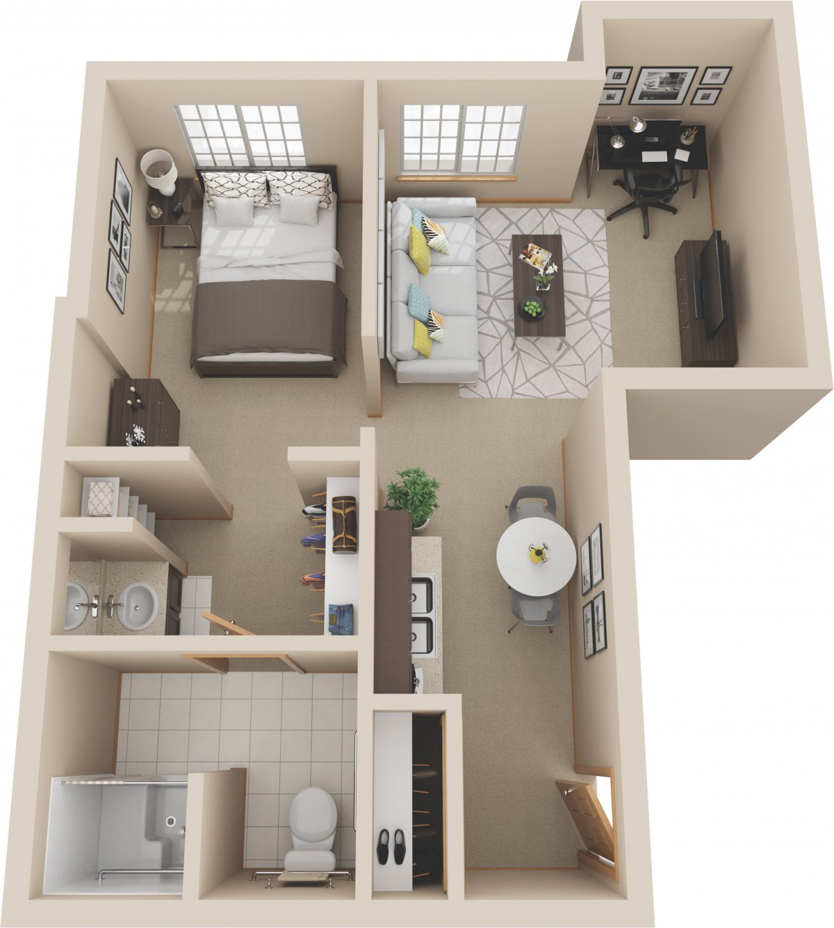 A 3D floor plan of a one-bedroom apartment featuring a living room, kitchen, dining area, and bathroom.