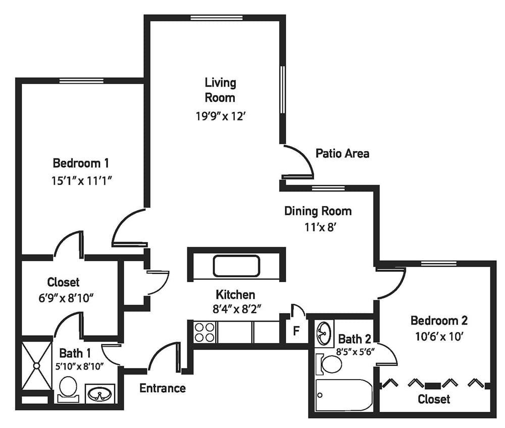 A floor plan of a two-bedroom apartment with designated areas for the living room, kitchen, dining room, and bathrooms.