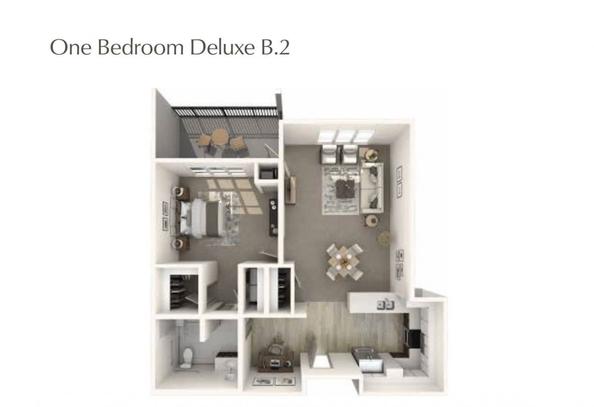 3D floor plan of a Bedroom Deluxe B.2 apartment layout.
