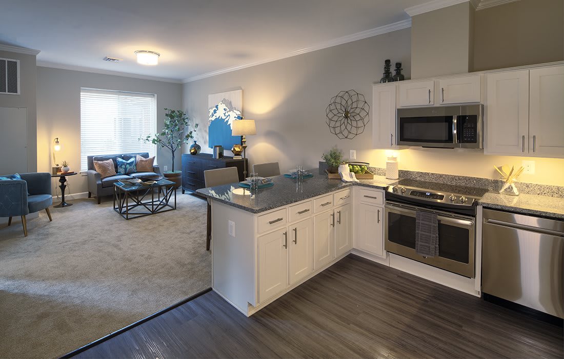 A modern open floor plan featuring a kitchen and living area with stylish decor.