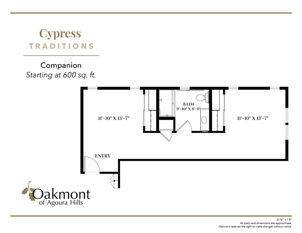 Floor plan for the Cypress Traditions apartment at Oakmont of Agoura Hills, featuring a compact layout with detailed room dimensions.