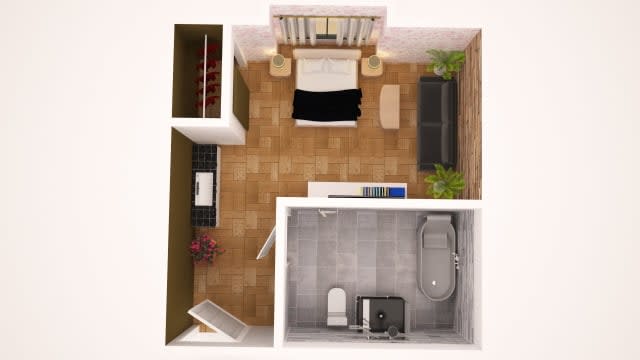 A 3D floor plan showing a bedroom and bathroom layout.