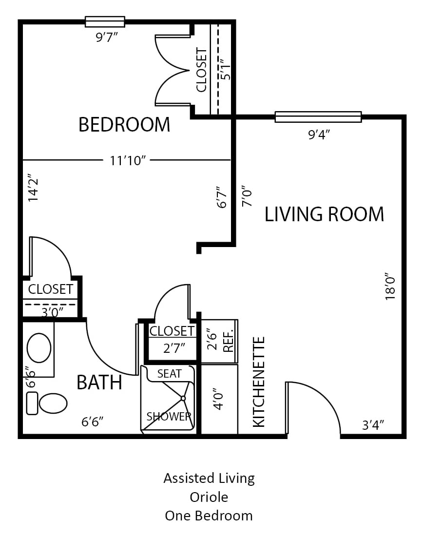 A floor plan of a one-bedroom apartment featuring a living room, kitchenette, bathroom, and closets.