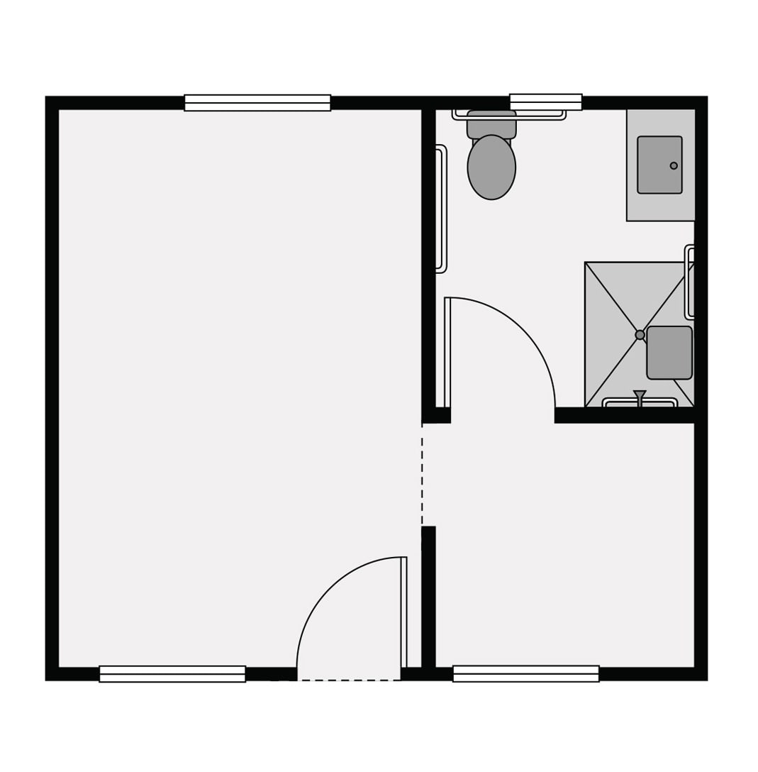 A simple floor plan depicting a room with an attached bathroom.