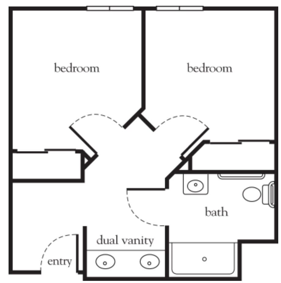 A simple floor plan featuring two bedrooms, a bathroom, and a dual vanity area.