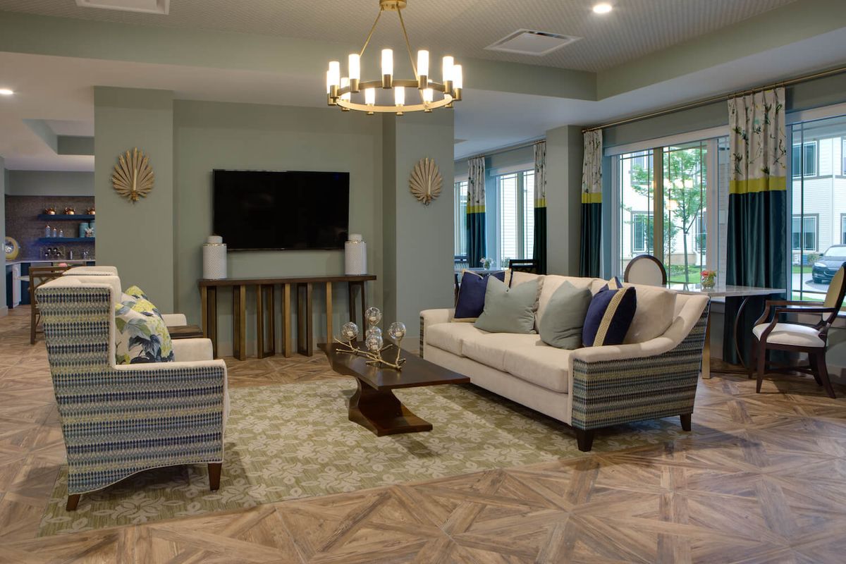 A modern and elegantly furnished living room with comfortable sofas, a large TV, and stylish decor.