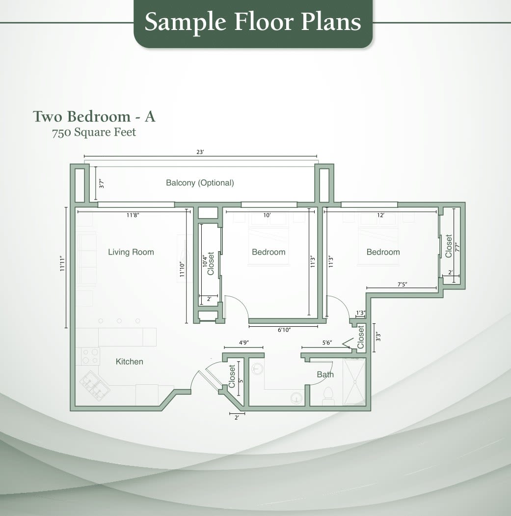 Sample floor plan of a two-bedroom apartment.