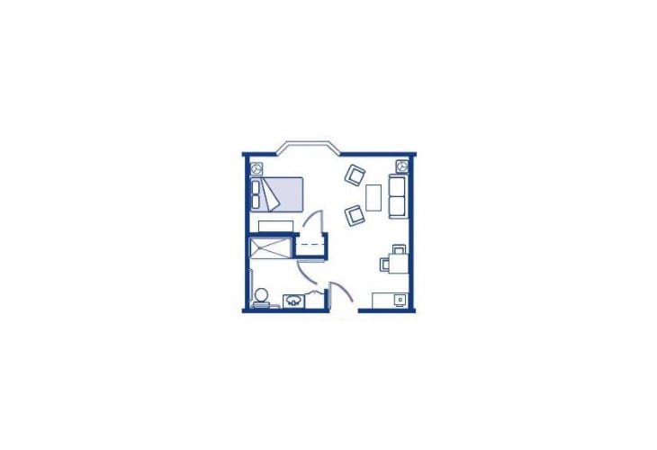 A simple one-bedroom apartment floor plan featuring a bedroom, living area, and kitchen.