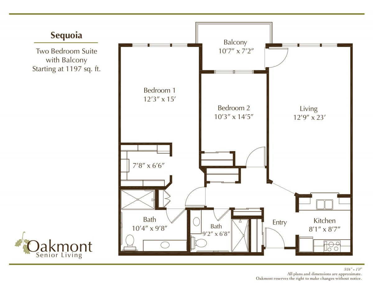 Floor plan of a two-bedroom apartment named 'Sequoia' with dimensions and layout details.