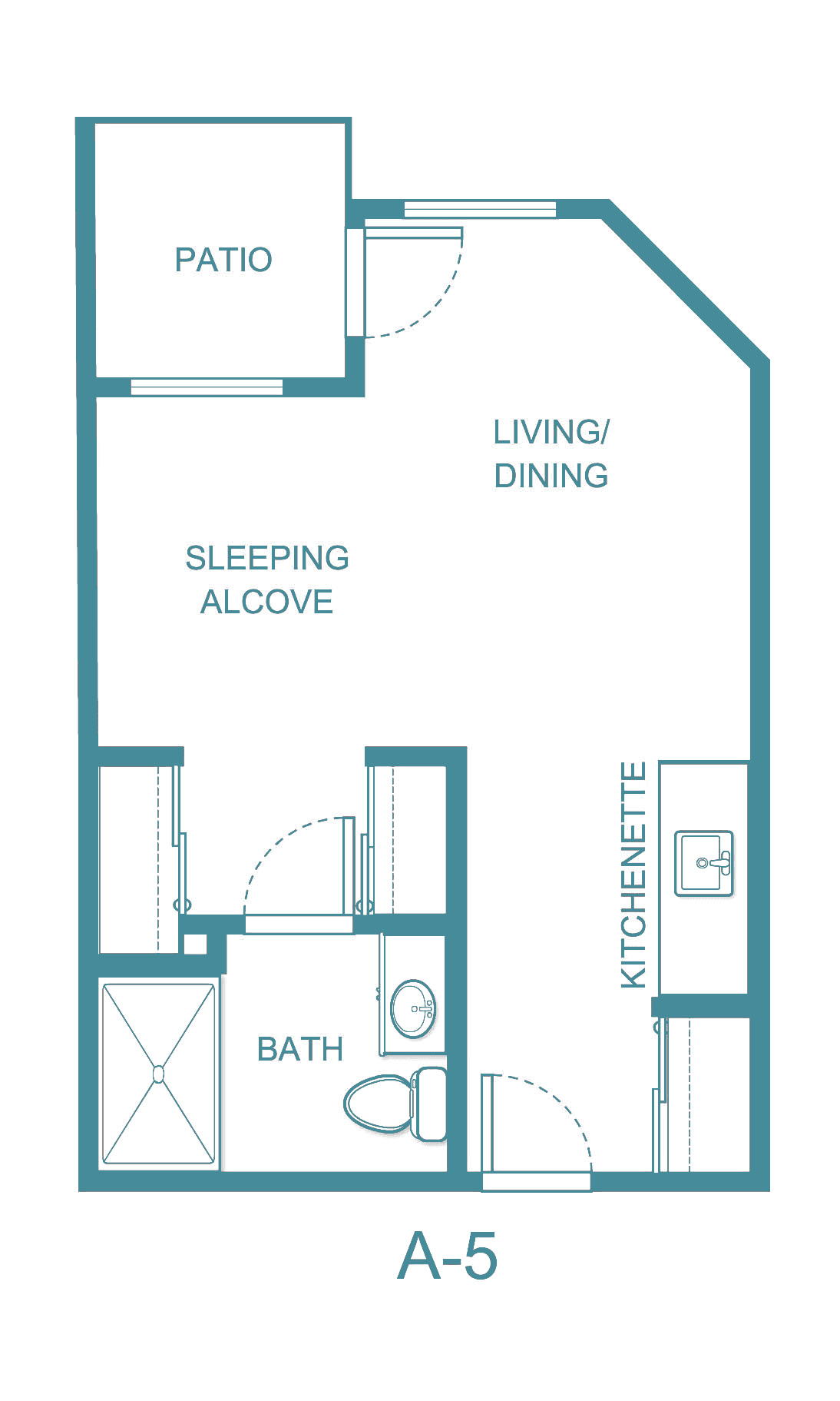 Studio apartment floor plan with living/dining area, kitchenette, sleeping alcove, and bathroom.
