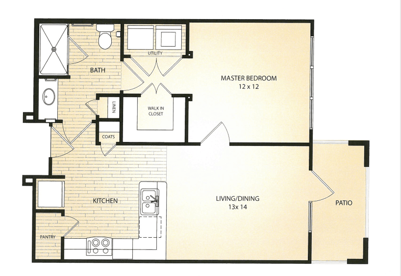 A floor plan showing an apartment layout with a master bedroom, living room, kitchen, and bathroom.