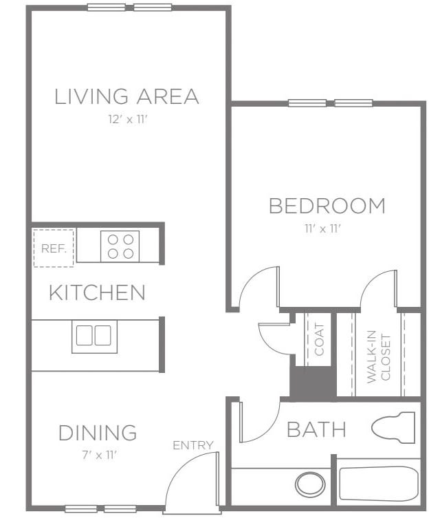 A simple floor plan depicting a one-bedroom apartment with designated areas for the living room, kitchen, dining, and bathroom.