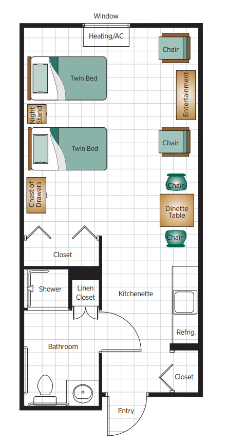 Floor plan of a bedroom with furniture layout including a twin bed, desk, and closet.