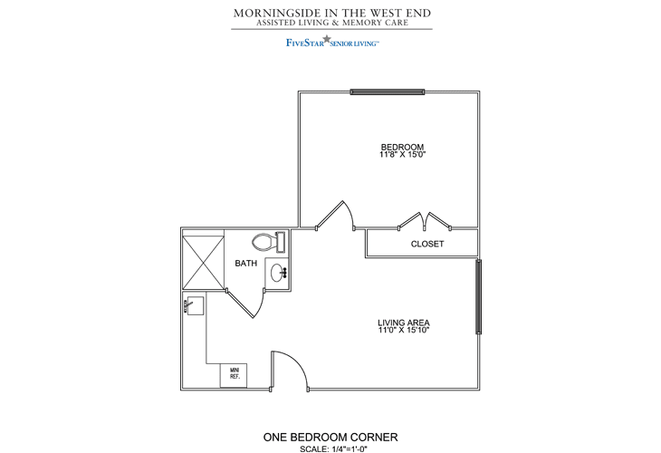 Floor plan for a one-bedroom corner apartment layout.