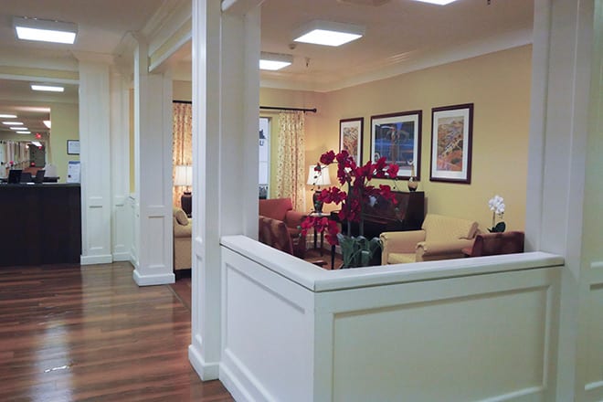 A well-decorated living room featuring comfortable furniture, wall art, and vibrant plants.