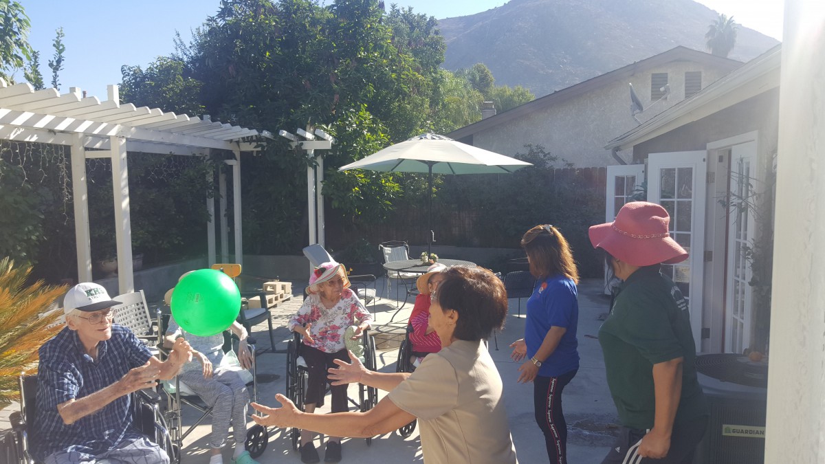 A group of people enjoying a sunny day outdoors, engaging in a fun activity with a balloon.