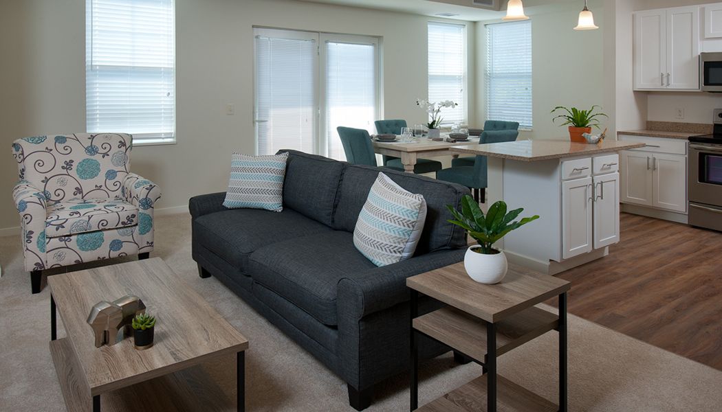 A modern living room with a dark sofa, accent pillows, and nearby dining area.