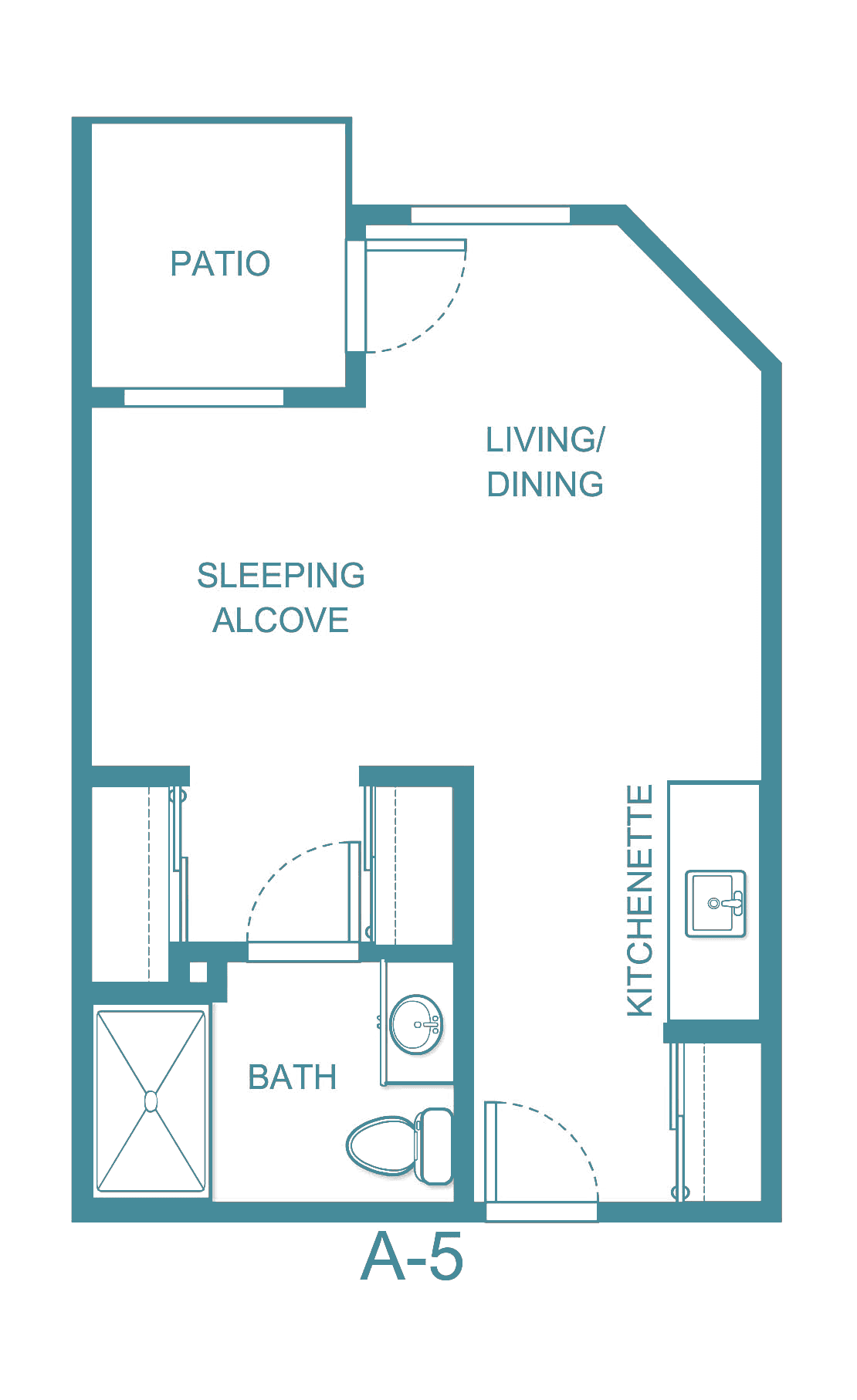 A floor plan of a studio apartment with a sleeping alcove, kitchenette, and bath.