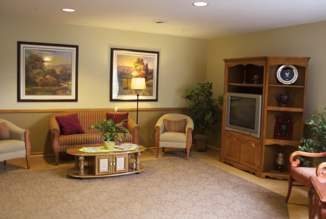 A cozy living room with a sofa, armchair, and television.