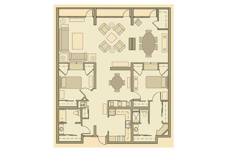 This image shows a detailed floor plan of a residential space, complete with room arrangements and furniture placements.