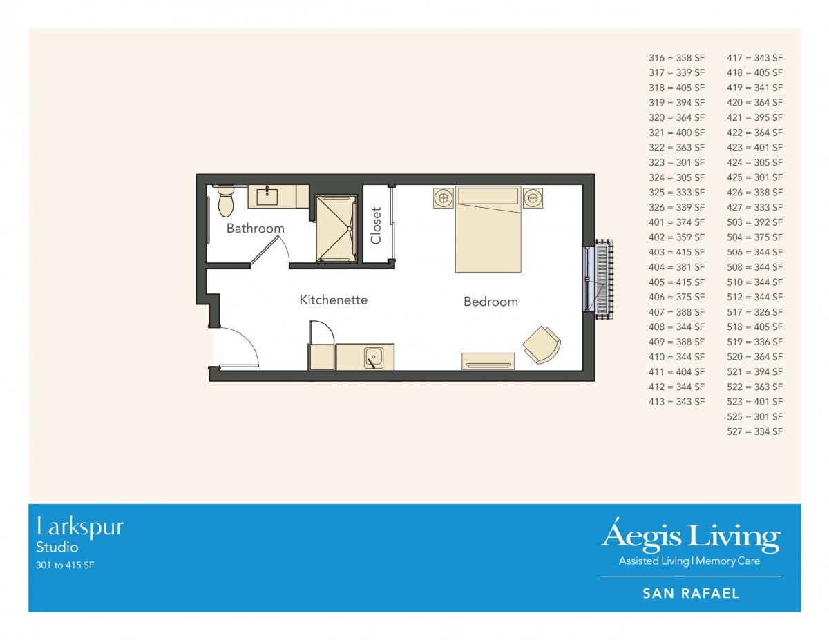 A floor plan of a one-bedroom apartment with designated areas for the bedroom, living room, kitchen, and bathroom.