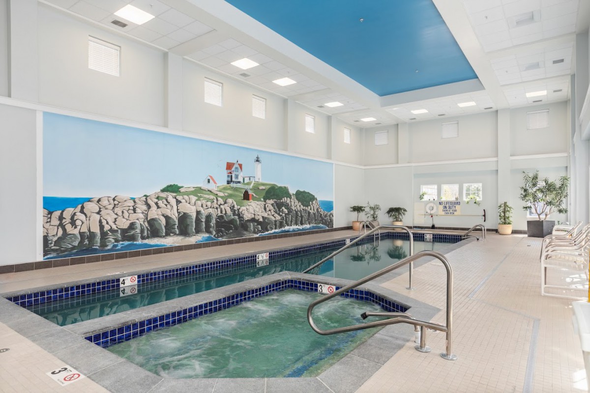An indoor relaxation area featuring a pool and jacuzzi with a scenic mural on the wall.