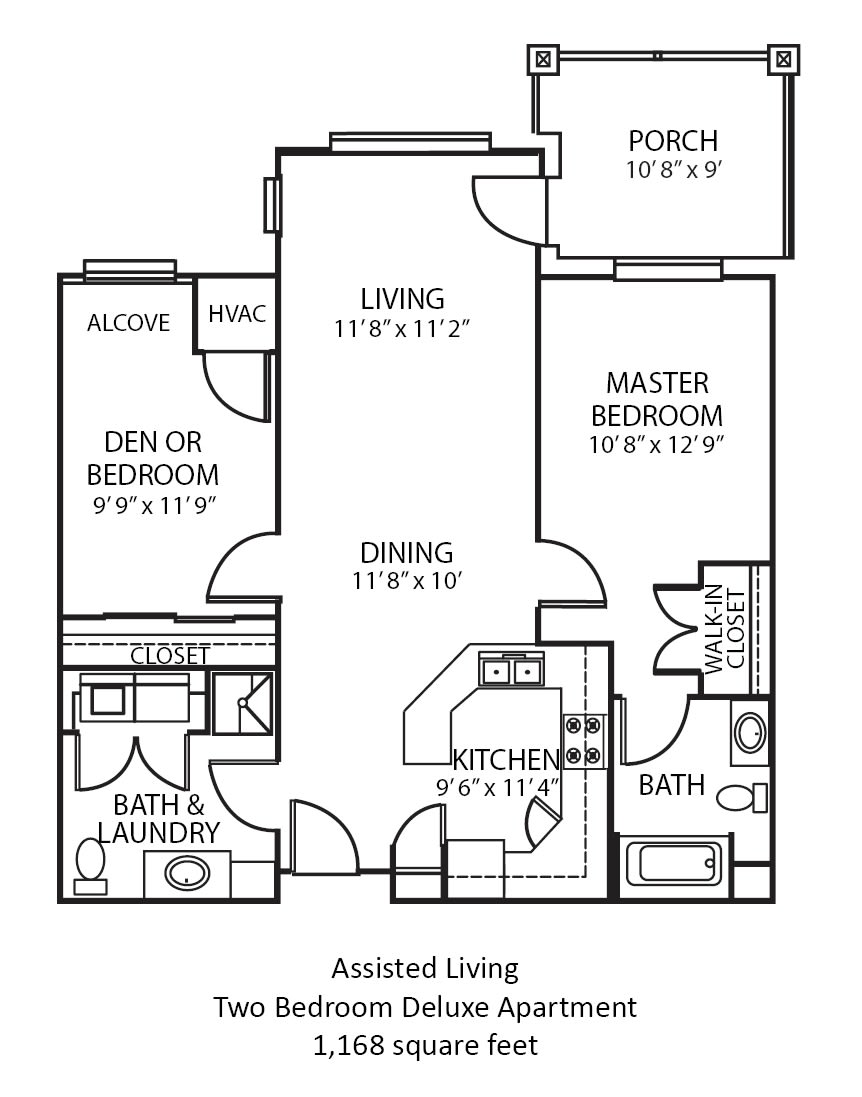 An architectural floor plan for an assisted living apartment, featuring multiple rooms including a master bedroom, den or bedroom, kitchen, dining area, living room, and porch.