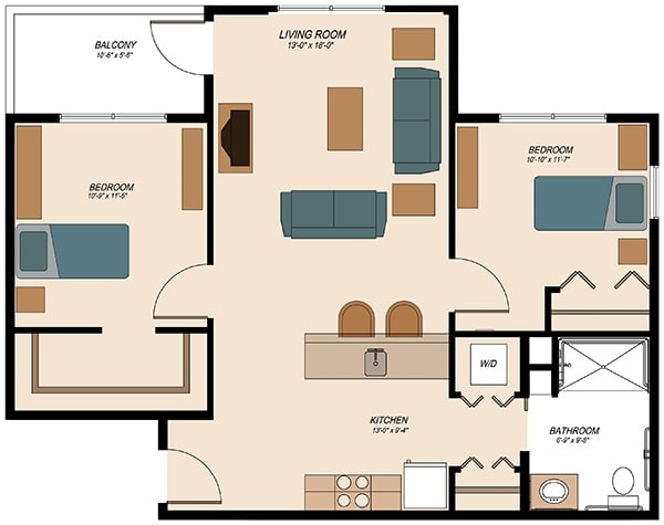 A floor plan of a two-bedroom apartment featuring a kitchen, living room, and bathroom.