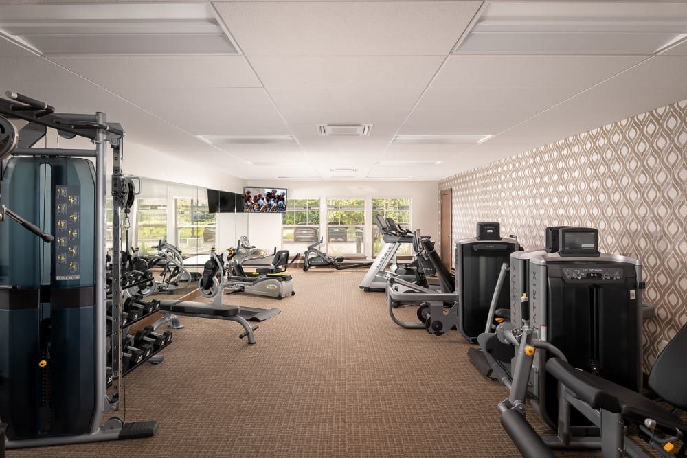 A well-equipped gym with various exercise machines, weights, and treadmills in a spacious indoor setting.