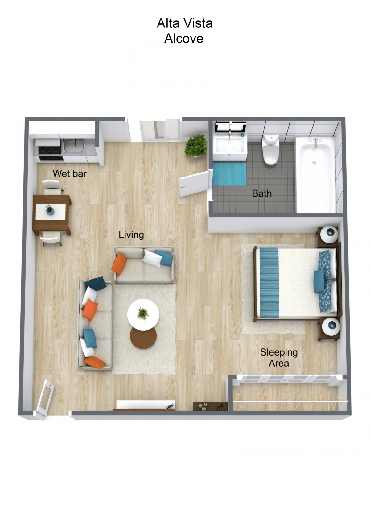 A detailed floor plan of a one-bedroom apartment featuring a living area, kitchen, and bathroom.